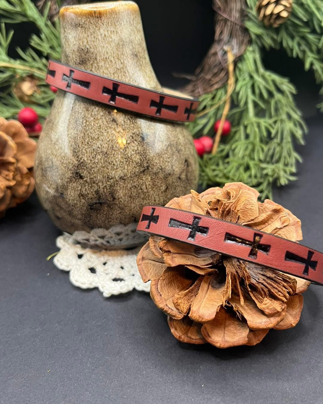 Red genuine leather cross bracelet