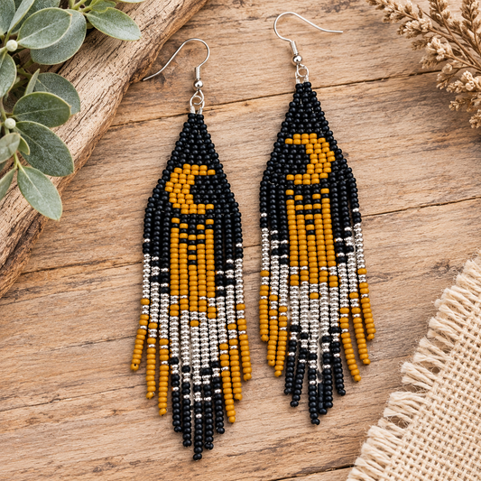 Handmade Night Moon Beaded Dangle Earrings – 500+ Miyuki Beads, 3.5in, Stainless Steel Ear Wire
