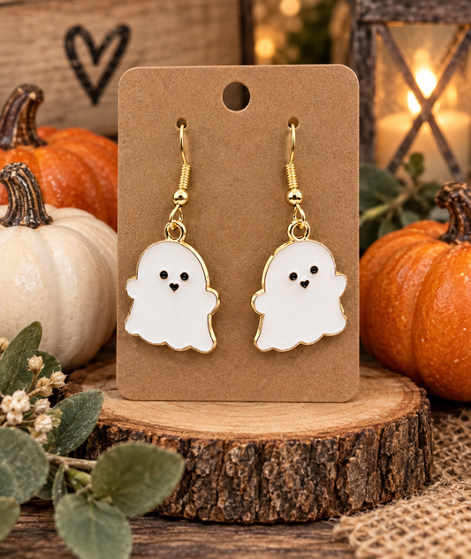 Cute White Ghost Halloween Dangle Earrings – 1in Drop, Stainless Steel Ear Wire, Holiday Jewelry